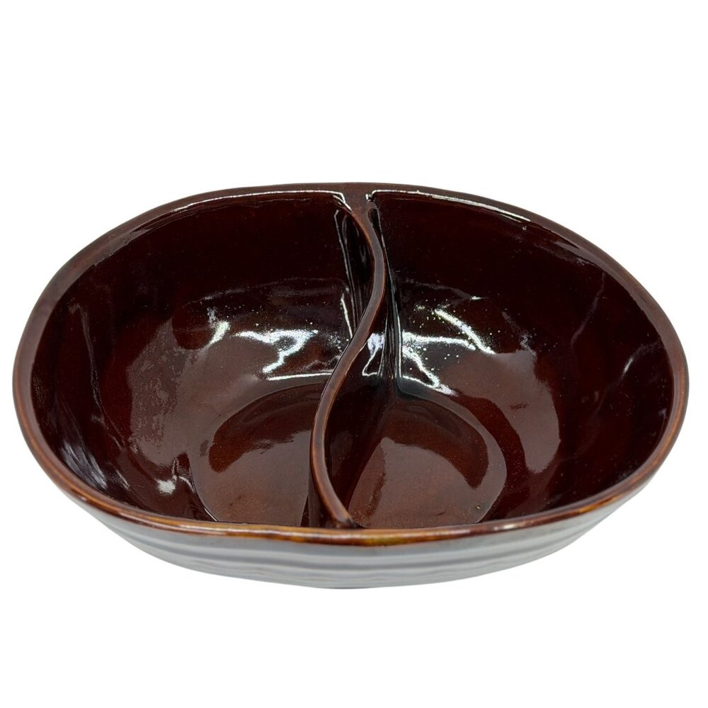 VTG‎ 1950s Marcrest Daisy Dot Brown Stoneware Divided Serving Dish 9.5" USA 80